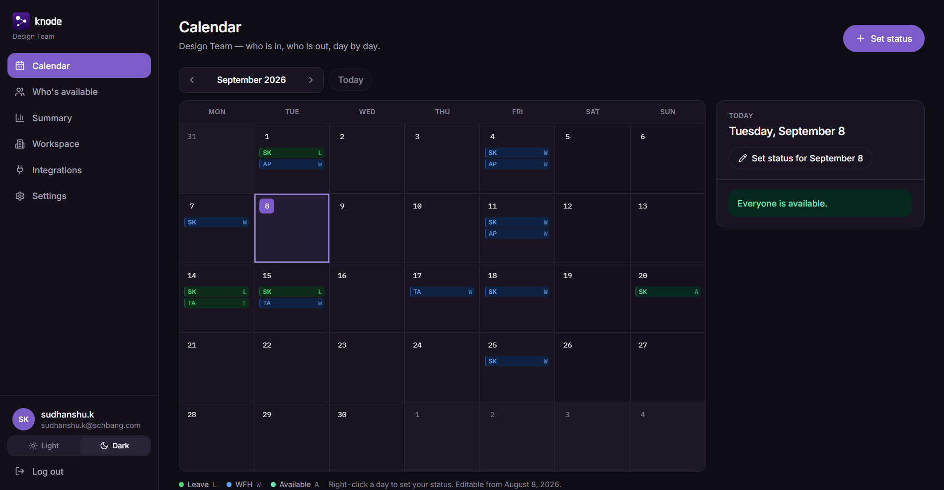 The Knode calendar — a month of the design team, with leave, WFH and available marked day by day